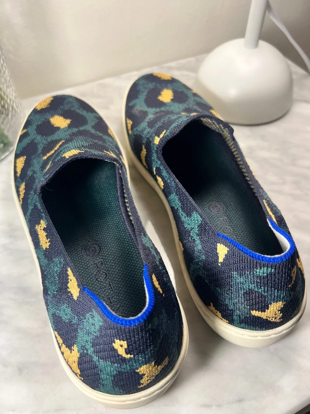 Rothy’s Original Slip On Sneaker Navy Teal Yellow Leopard Knit Shoes Size 11